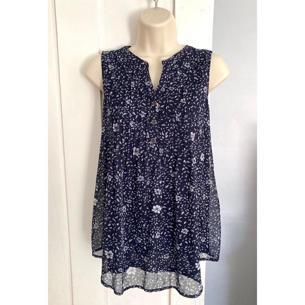 💐3/$12 NWT Charter Club Flowy Floral Tank Top Sleeveless Blouse Navy Blue